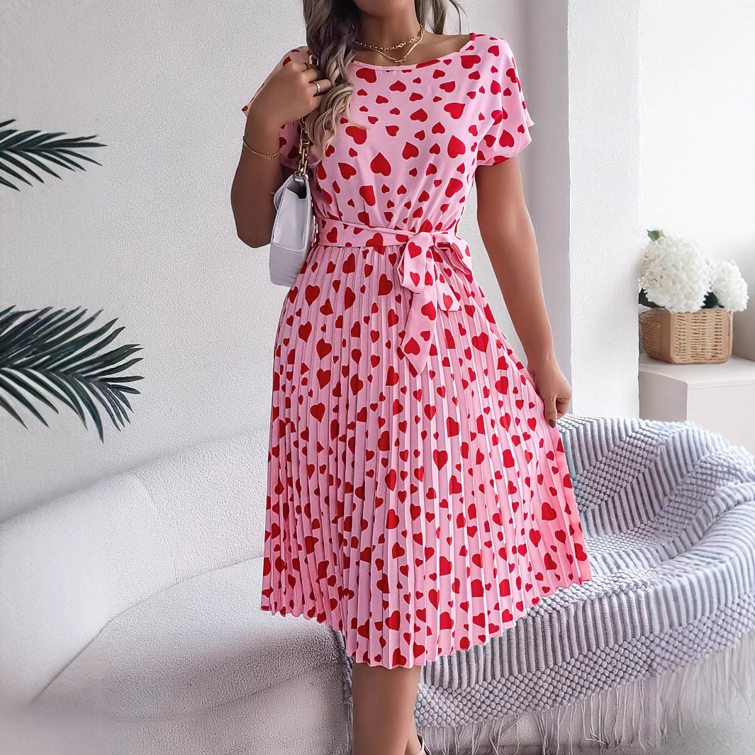 Valentine Day Gift Spring Summer Casual Contrast Color Love Heart Short Sleeve Waist Controlled Pleated Dress Women Clothing by Ragazza