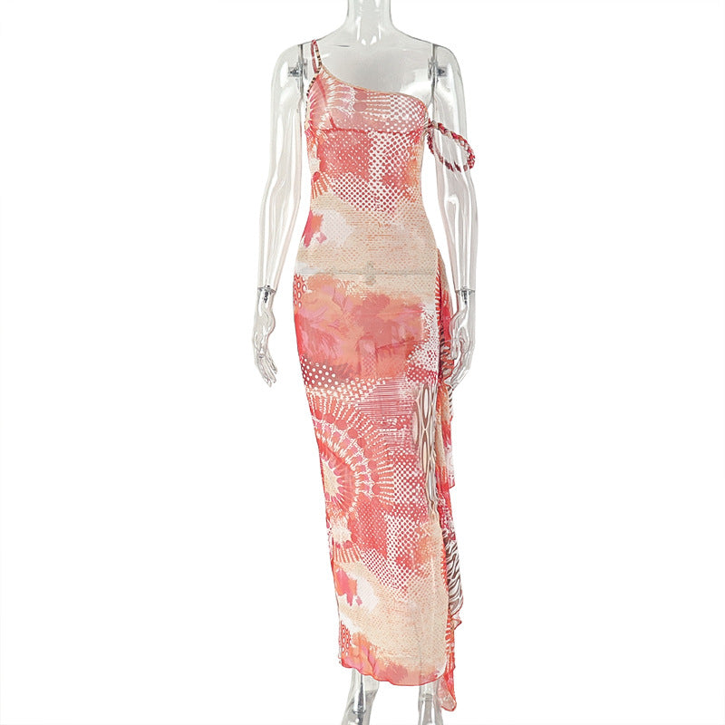 Women Clothing Printed Waist Controlled Slimming Hip Color Matching Diagonal Collar Sleeveless Tube Top Maxi Dress by Ragazza