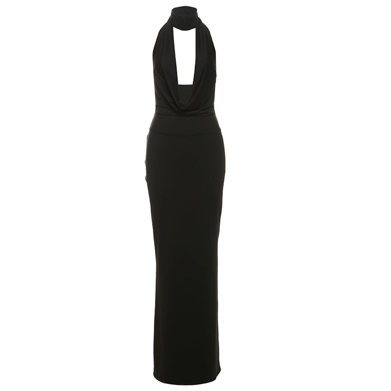 Women Clothing Autumn Winter Elegant Sexy Halter V neck Backless Side Slit Dress DestGlow