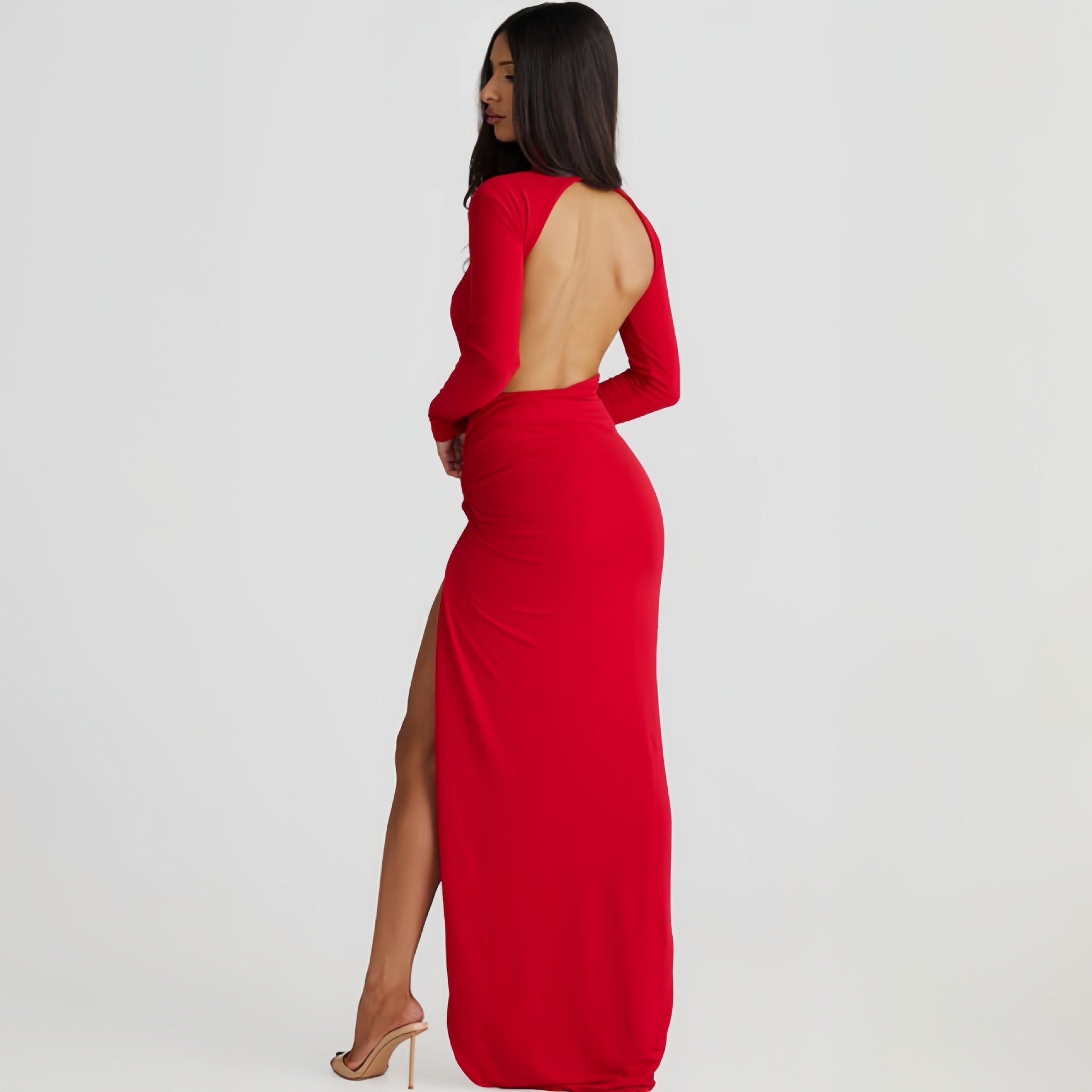 Autumn Women High Collar Backless Long Sleeves Jumpsuit Sexy Slit Dress DestGlow