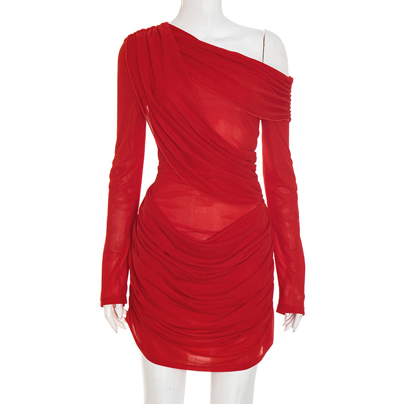 Women Clothing Autumn Solid Color Slim Casual Mesh Shoulder Pleated Long Sleeve Short Dress by Ragazza