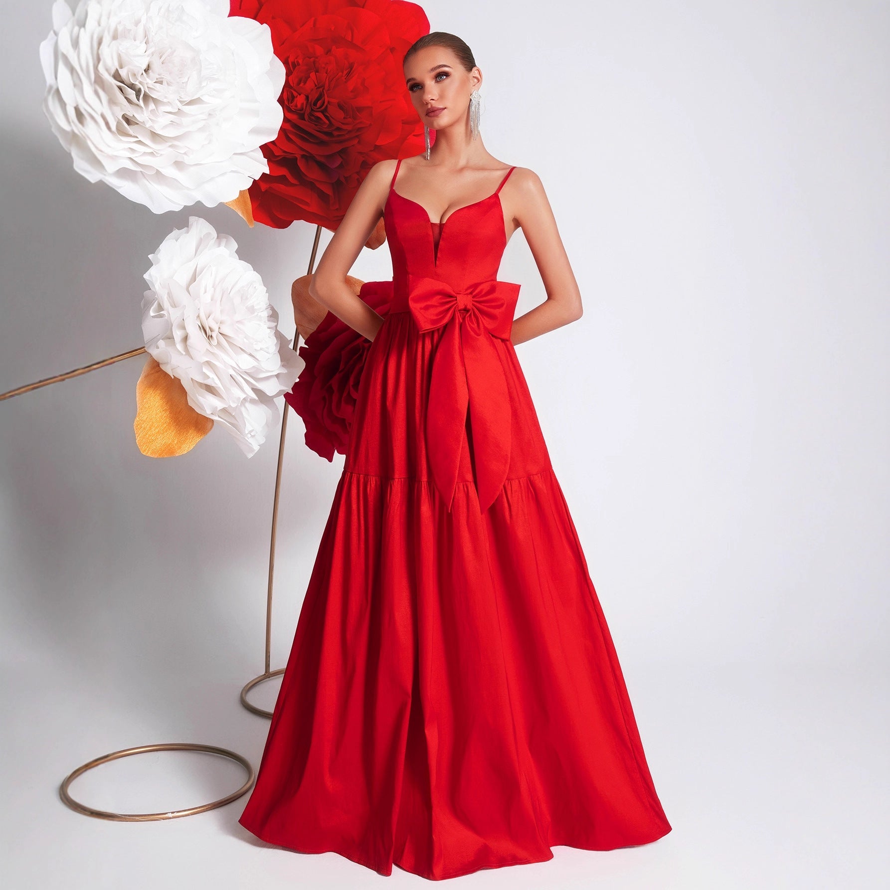 Big Bowknot Red Slip Dress Deep V Plunge Waist Tight Socialite Light Luxury Cocktail Party Evening Dress by Ragazza