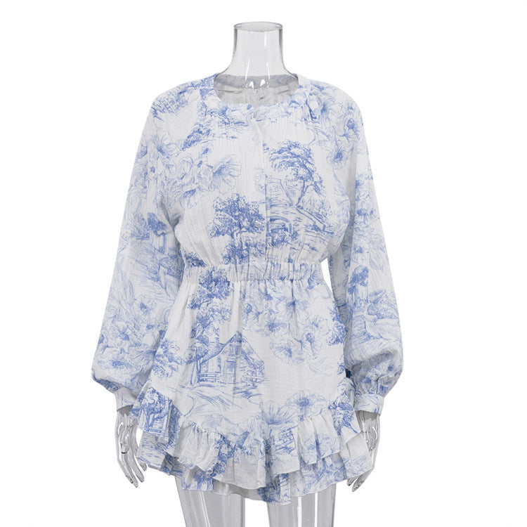 Autumn Cotton Champray Printed Casual Dress Women round Neck Long Sleeve Ruffles A line Dress by Ragazza