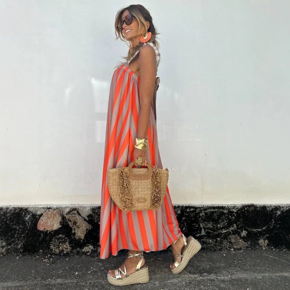 Striped Print Loose A Hem Color Matching Sling Maxi Dress DestGlow