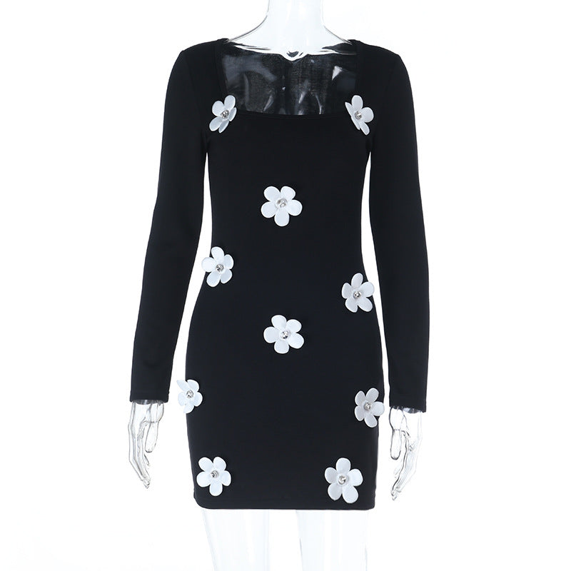 Autumn Winter Type Hip Sexy Three Dimensional Floral Long Sleeve Dress DestGlow