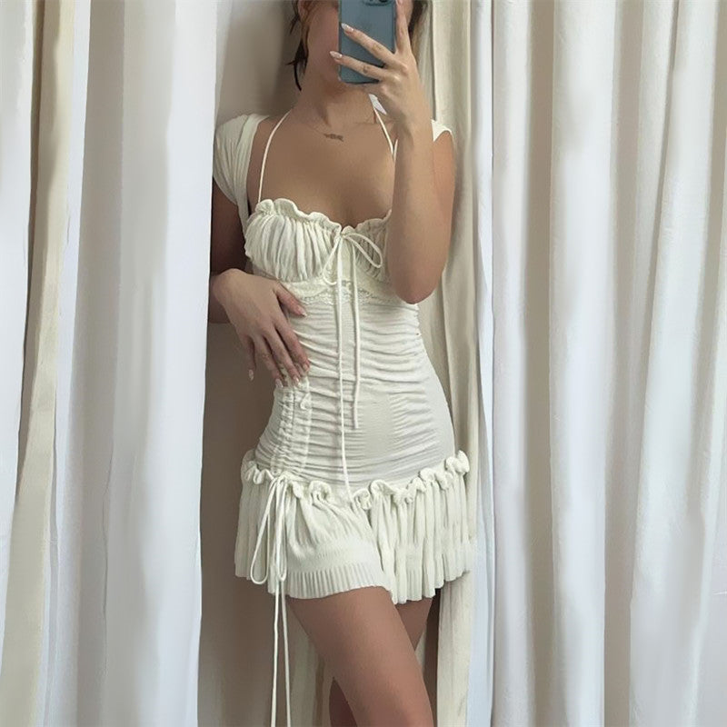 Summer Sexy French Low Cut Square Collar Halter Lace Up Design Short Sleeve Pleated Dress Women by Ragazza