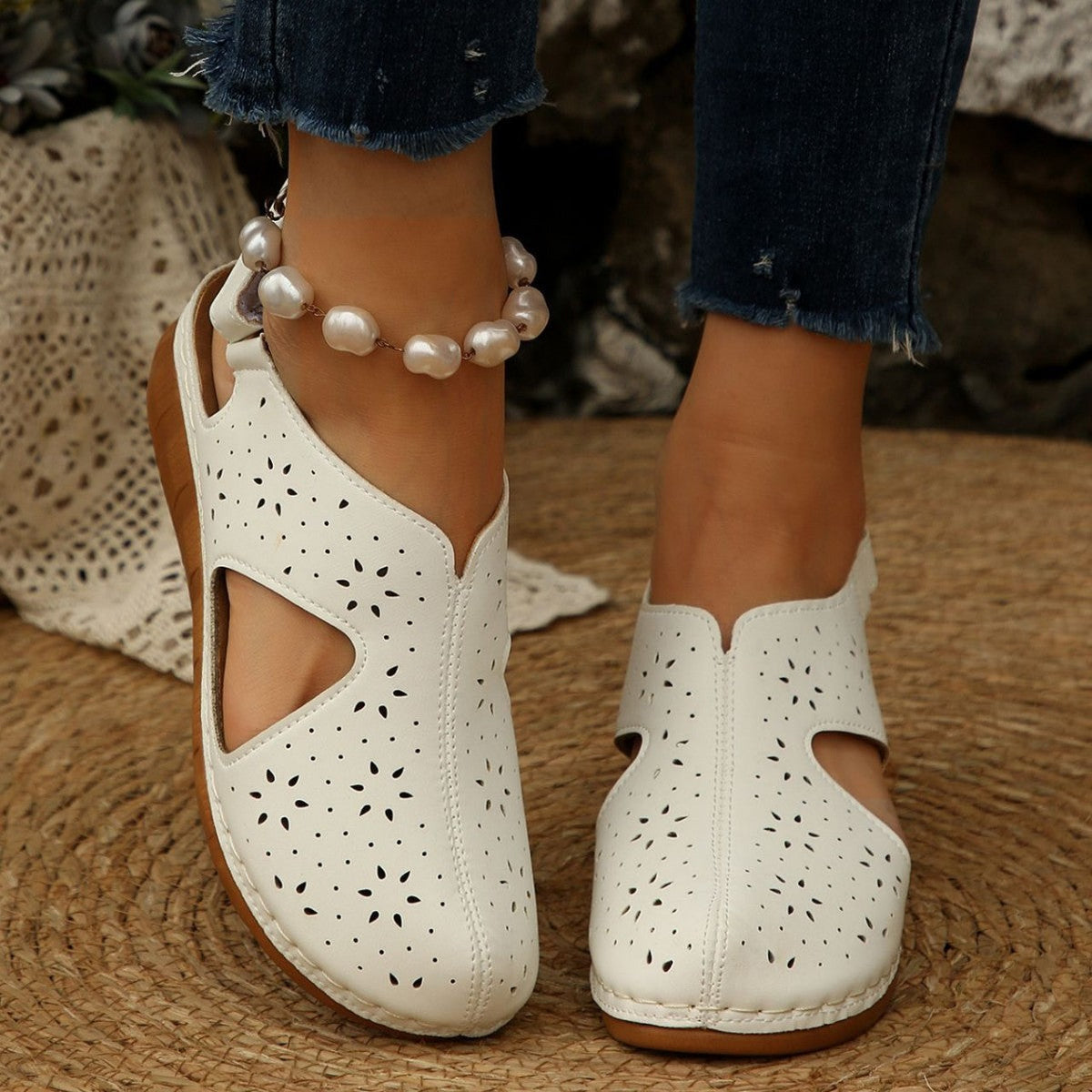 Hollow Out Cutout out Breathable Velcro Thick Bottom Cool Women Wedge Stitching Toe Cap Beach Slippers DestGlow