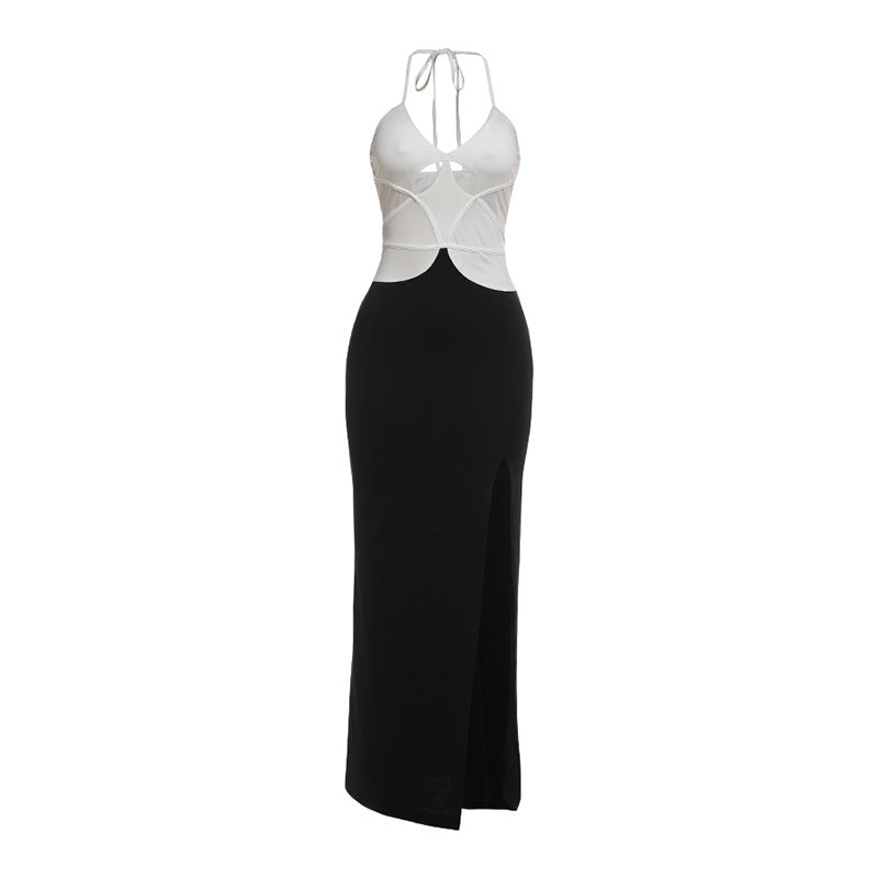 Spring Women Clothing Sexy Contrast Color Slim Fit V neck Halter Tight Waist Sheath Dress DestGlow