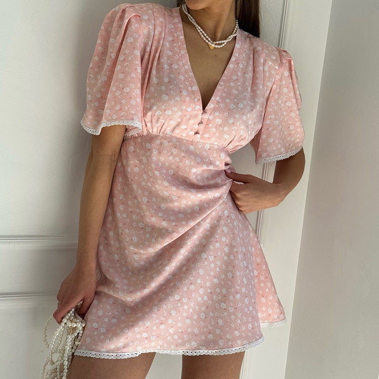 Women Clothing Summer Floral Dress Casual V neck Short Sleeve High Waist Short Dress by Ragazza