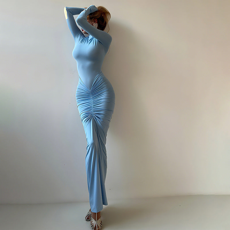 Women Clothing Autumn Solid Color Elegant Slim Slimming Pleated Turtleneck Long Sleeve Dress by Ragazza