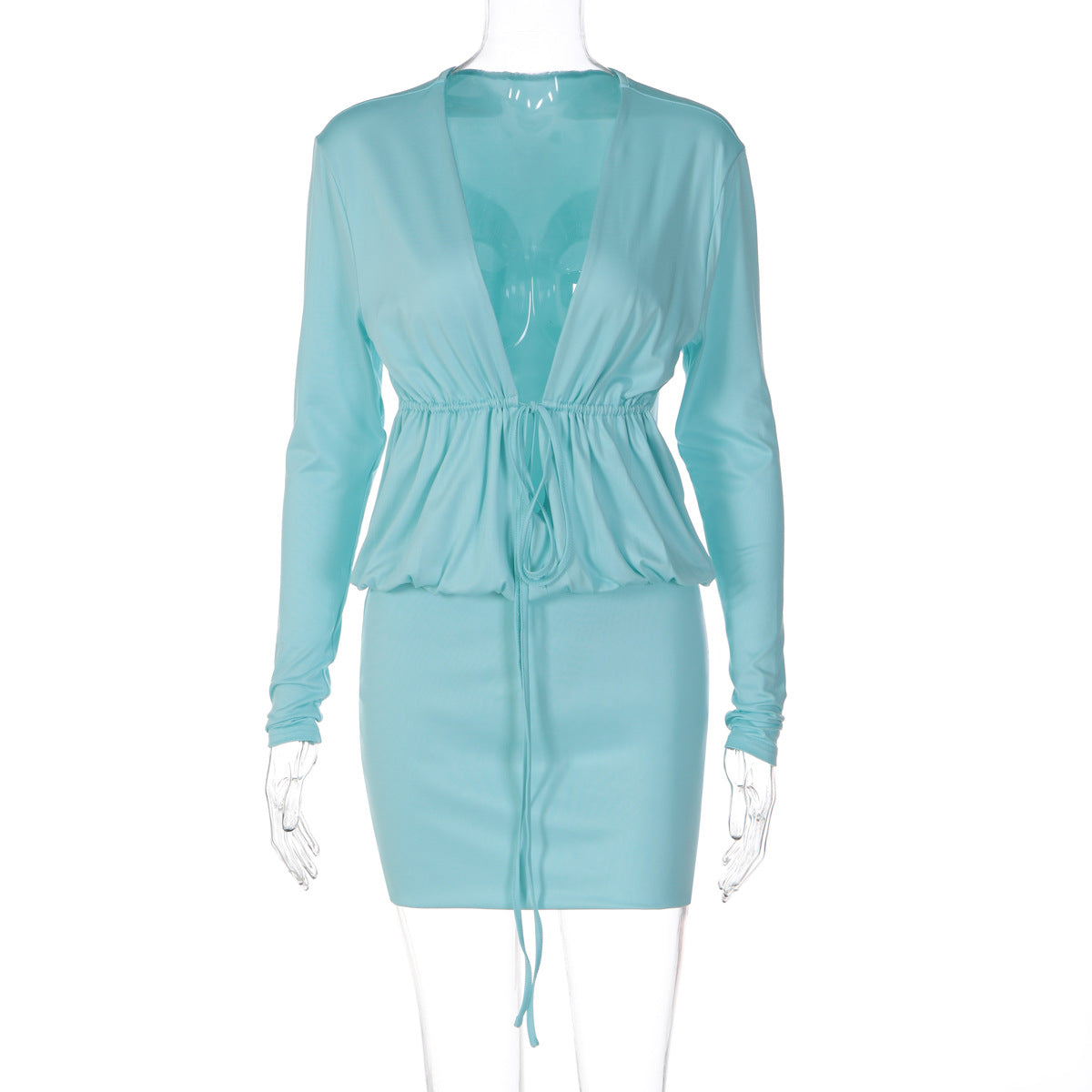 Women Clothing Autumn V neck Lace up Slim Sheath Long Sleeve Dress DestGlow