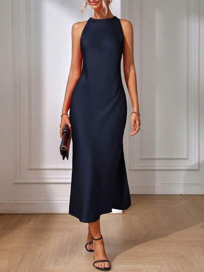 Satin Dress Women Clothing Spring Summer Sleeveless Split Satin Imitation Silk Maxi Dress by Ragazza