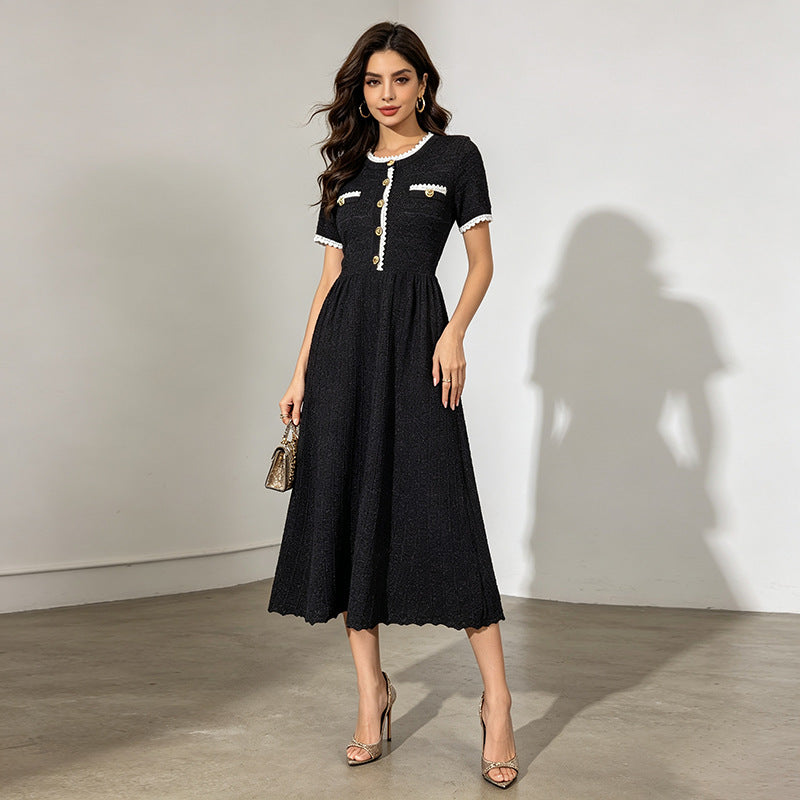 Maxi Dress Summer Elegant Socialite Retro Cinched Slimming Short Sleeves Knitted Dress for Women DestGlow