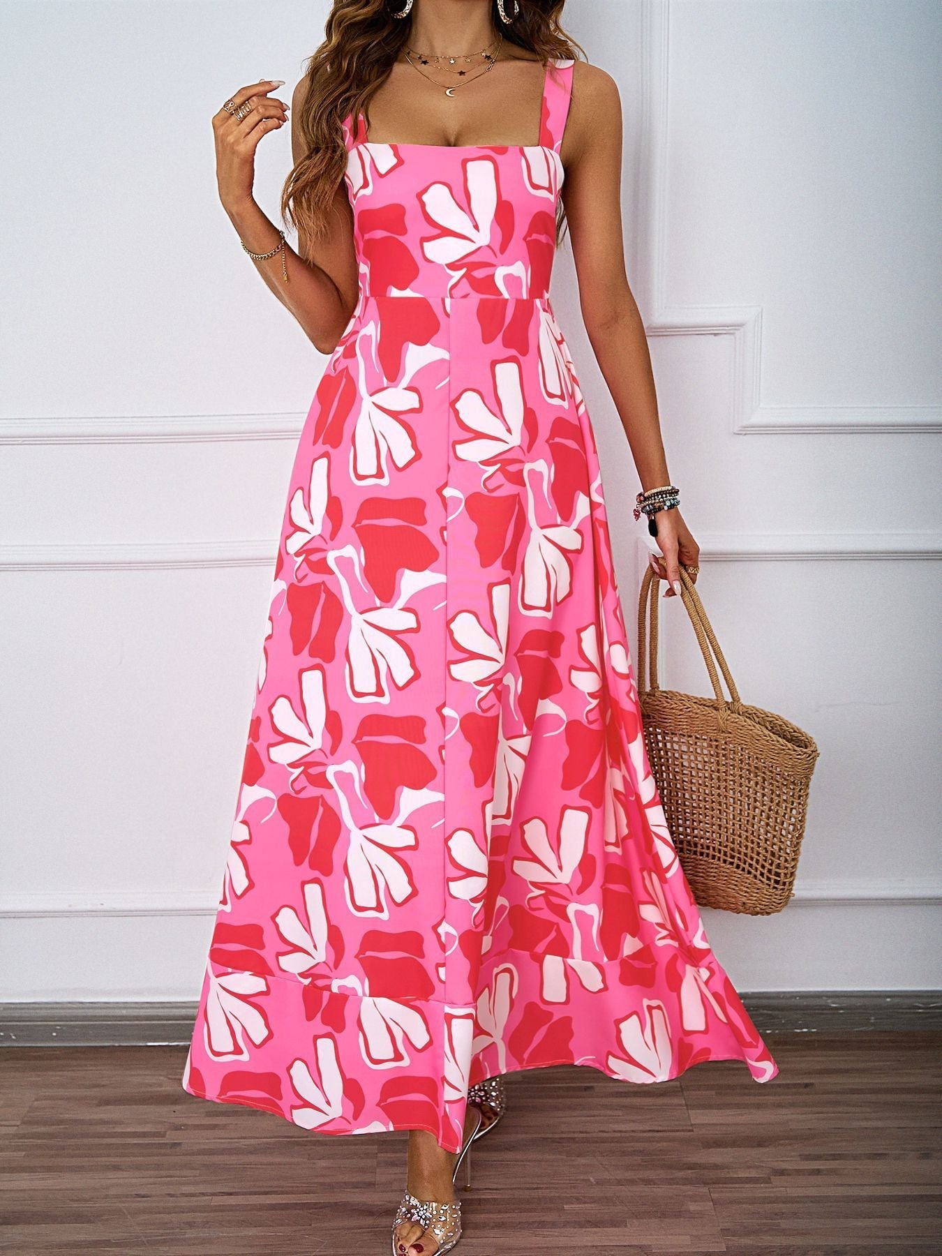 Women Clothing Summer Casual Strap Elegant A line Dress Floral Printed Dress