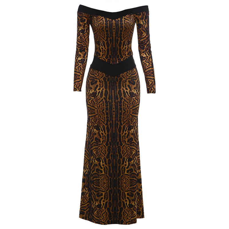 Fall Women Clothing Sexy off the Shoulder Hollow Out Cutout Backless Leopard Print Slim Fit Long Sleeved Dress DestGlow