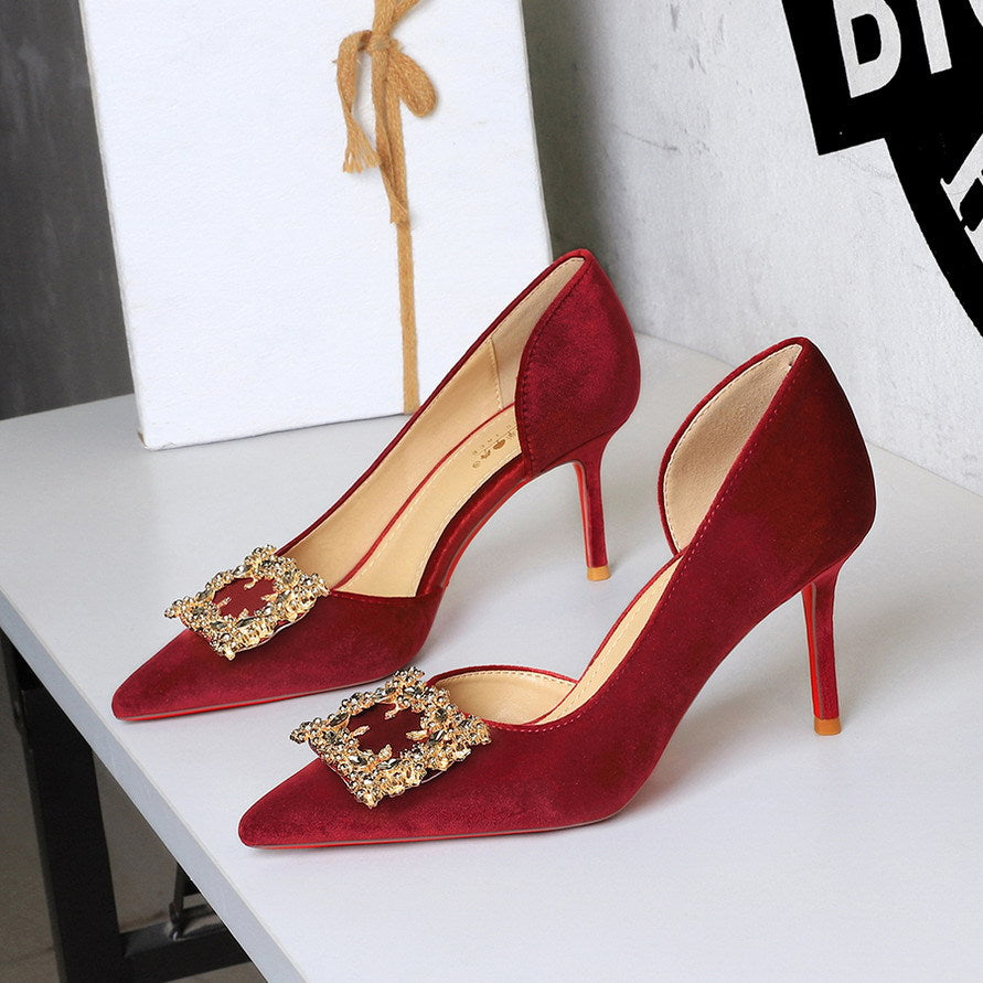 Women Super High Heel Sexy Pointed Toe Rhinestone Square Buckle Stiletto Women Shoes DestGlow