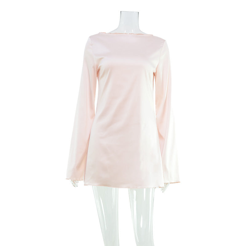 Fashionable Elegant Women Casual Loose round Neck Long Sleeve Satin Comfortable Dress Short by Ragazza