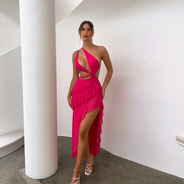 Summer French Strap Dress Women Ruffled Irregular Asymmetric Slit Maxi Dress Sexy by Ragazza