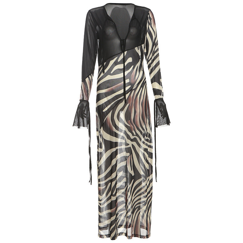 Summer Color Contrast Printed Sexy V neck Mesh Long Sleeve Dress DestGlow