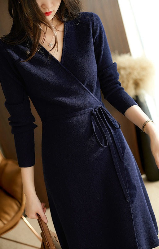 V neck Lace up Stomach Blanket Dress Women Autumn Winter Korean Loose Slim Socialite Knitted Dress by Ragazza