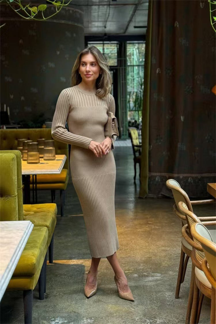 Long Sleeve Fall Winter Sweater Dress Women Knitted round Neck Sunken Stripe Solid Color Tight Dress Women by Ragazza