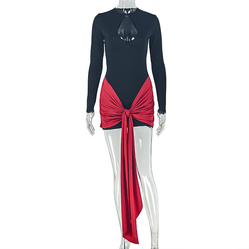 Women Wear Color Matching Black Red Hip Dress round Neck Long Sleeve Hollow Out Cutout Pleated Dress DestGlow