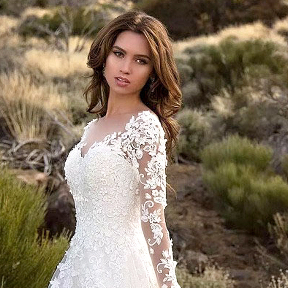 Women Clothing Dress Long Sleeve Solid Color See through Lace Bridal Wedding Dress by Ragazza