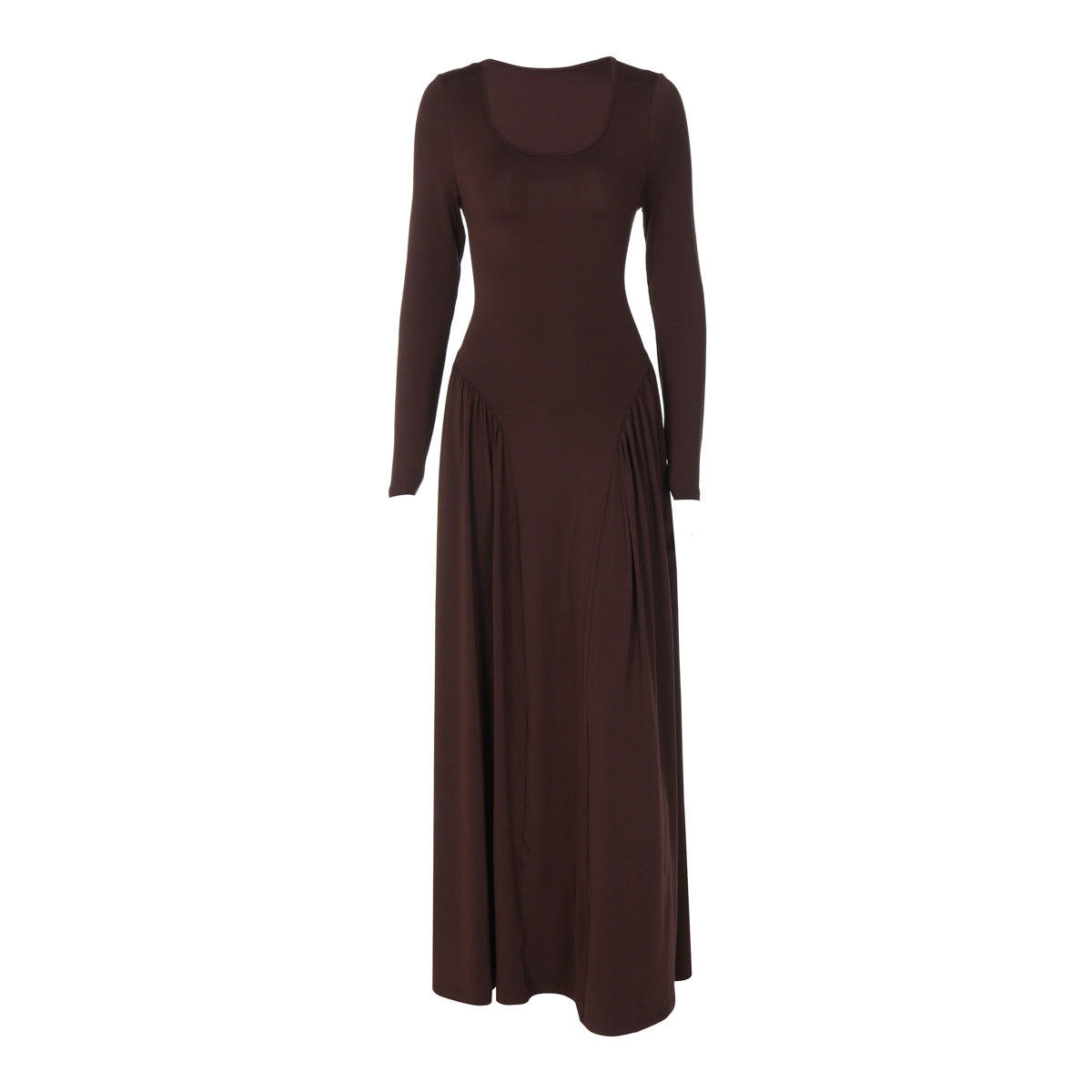 Women Autumn French U Shaped Collar Solid Color Long Sleeve Tied Waist Slimming Dress by Ragazza