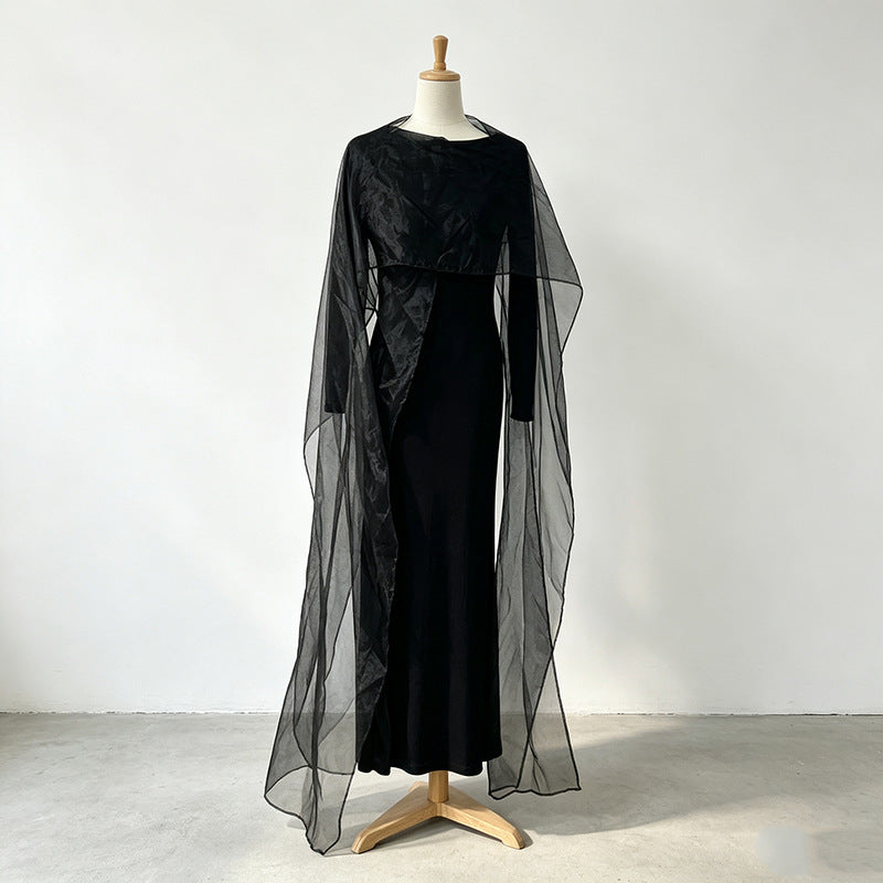 Elegant Graceful Dress Autumn Niche round Neck Mesh Stitching Solid Color High Waist Maxi Dress DestGlow