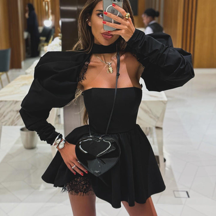 French Tube Top Dress Women High Grade Sexy Backless Long Sleeves Black Two Piece A Line Dress by Ragazza
