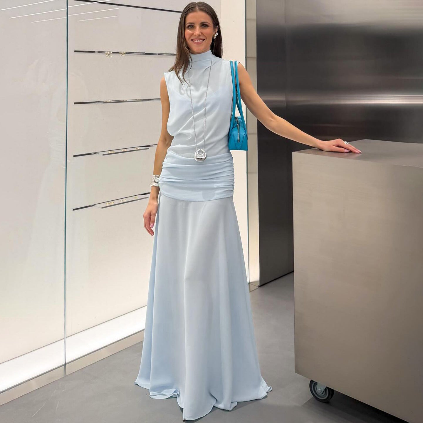 Spring Women Solid Color Slim Fit Elegant Graceful Stand Collar Sleeveless High Waist Sexy Dress by Ragazza