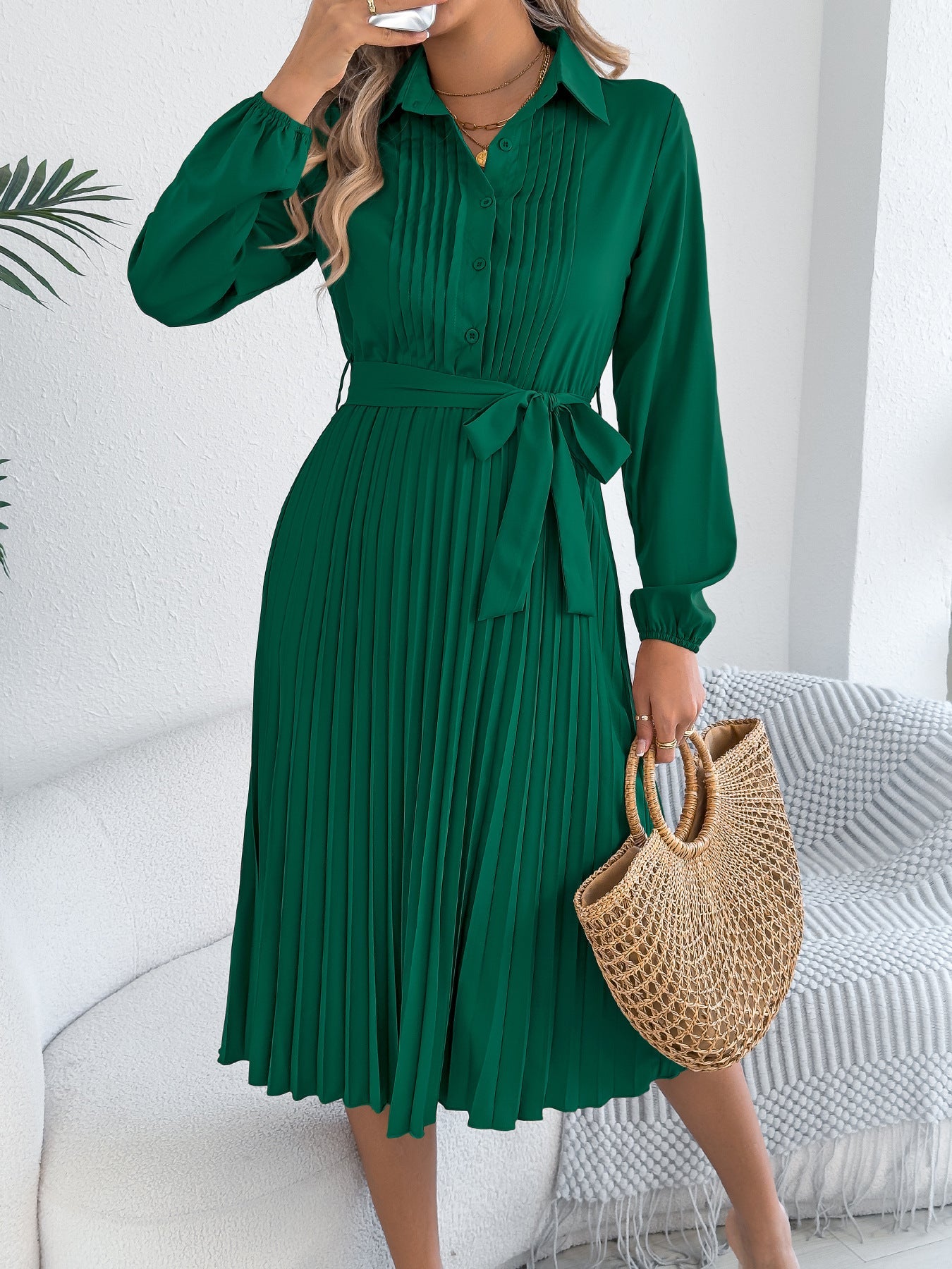 Spring Summer Elegant Solid Color Collared Long Sleeve Cinched Pleated Dress Women Clothing by Ragazza