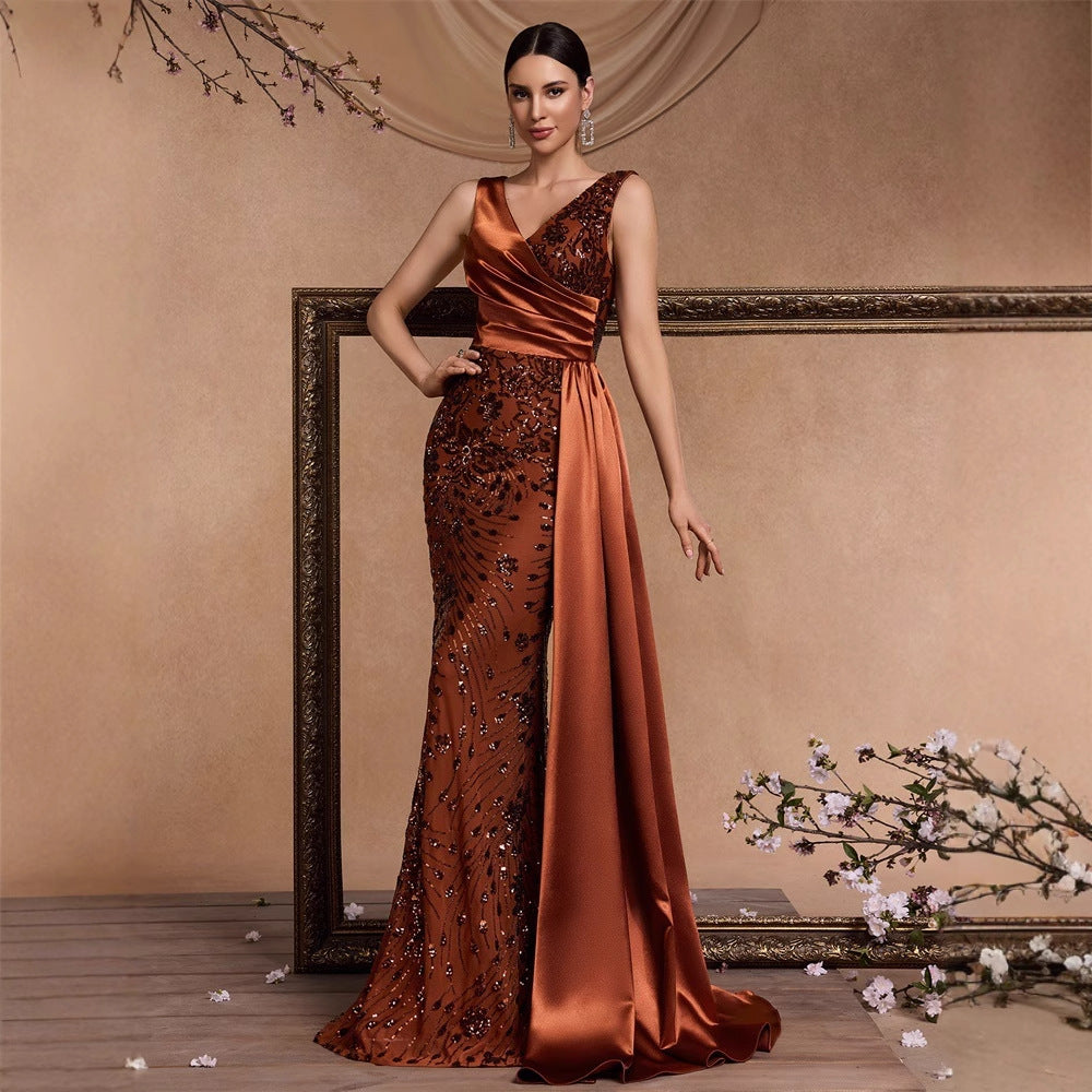 Elegant Sequin Stitching Fit V neck Sleeveless Elegant Gorgeous Noble Cocktail Party Formal Dinner Dress by Ragazza
