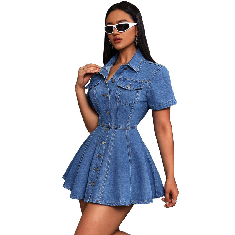 Women Clothing Denim Casual Fitted Waist Turn down Collar Dress by Ragazza