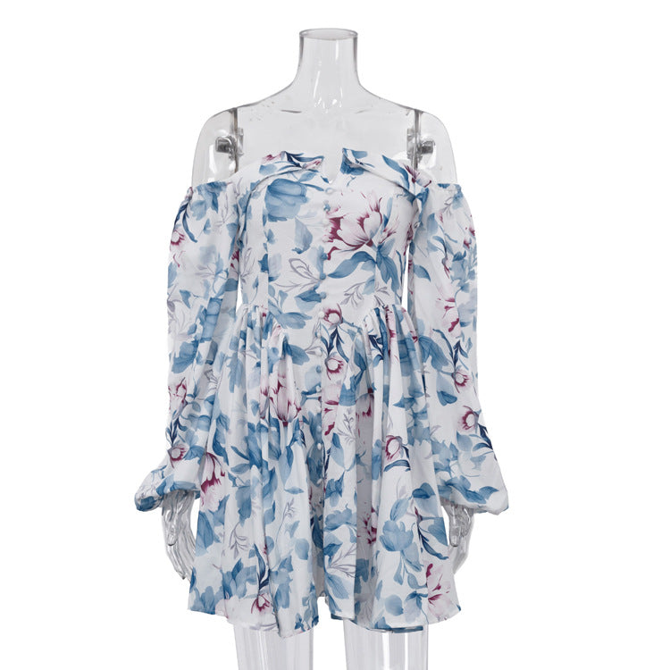 Sexy off Neck Short Print A line Dress Summer Puff Sleeve High Waist Dress Women DestGlow