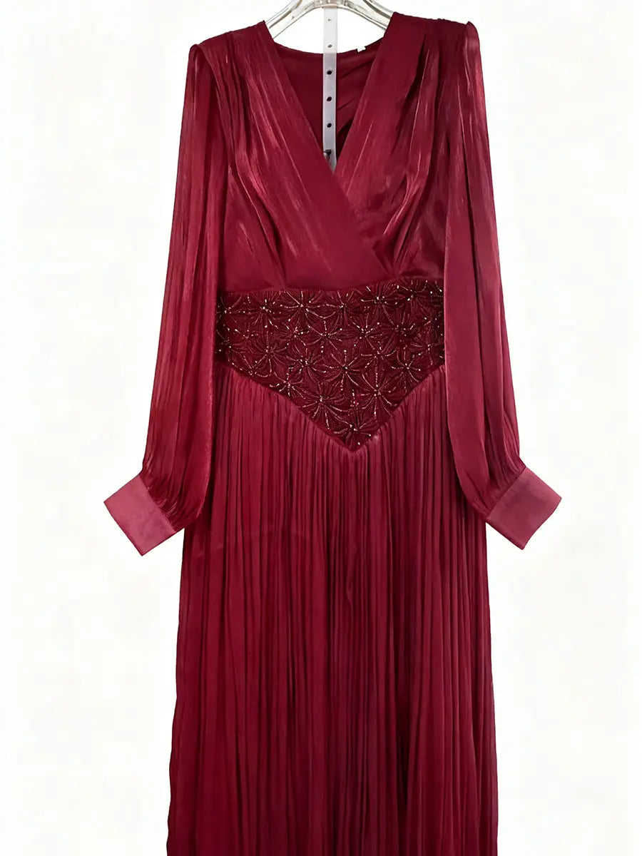 Elegant Long Sleeve Solid Color Diamond Dress Autumn High Grade Waist Slimming Dress Women