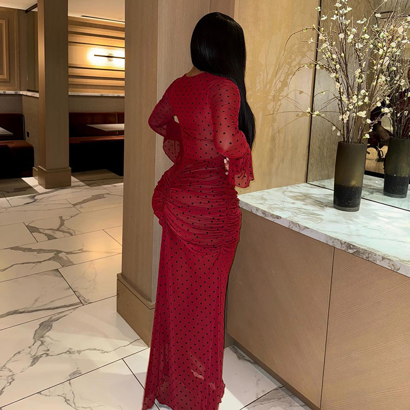 Elegant Women Clothing Pleated Print Polka Dot Slim Hip round Neck Long Sleeve Cocktail Tight Dress by Ragazza