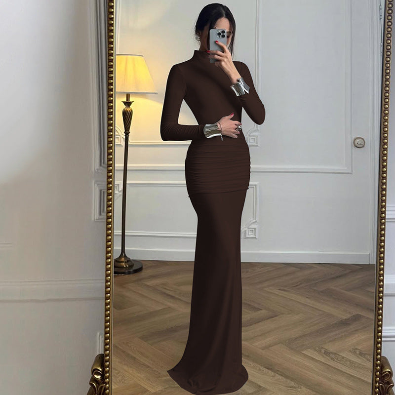 Women Clothing Autumn Solid Color Long Sleeve Slim Fit Fishtail Dress Button Backless Dress Women by Ragazza