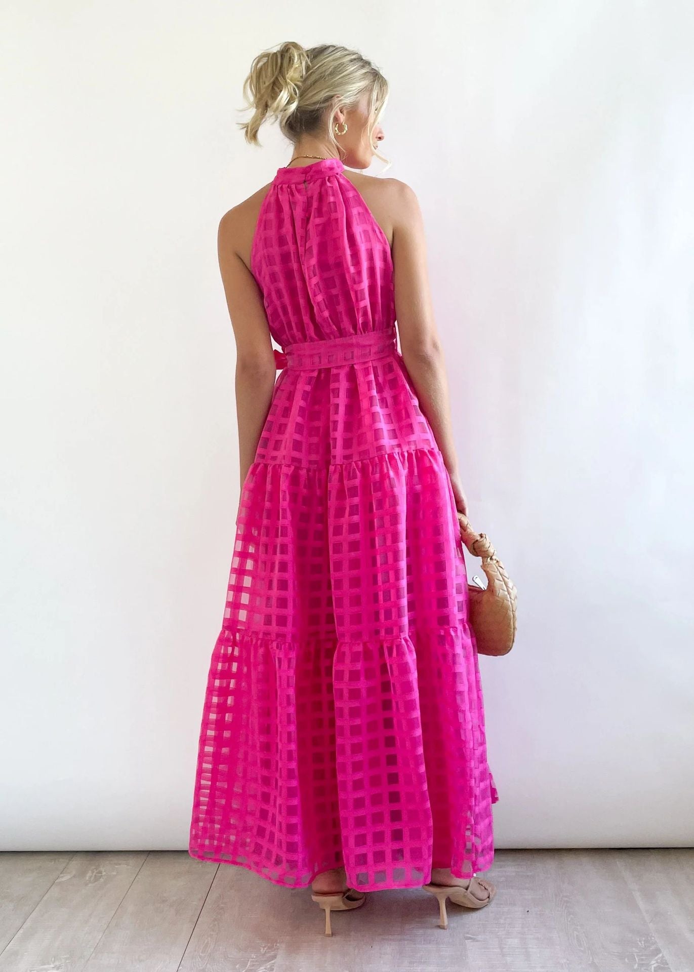 Spring Summer Stand Collar Solid Color Plaid Retro Maxi Dress Casual Dress for Women by Ragazza