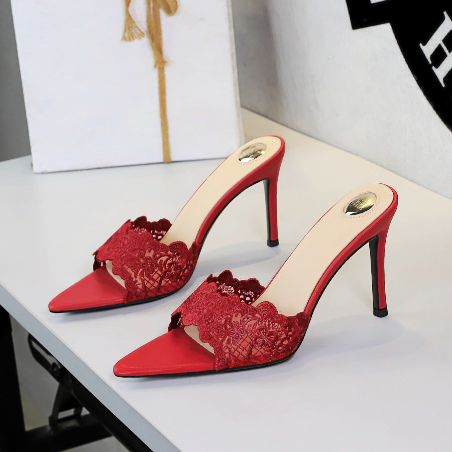 Ultra High Heel Lace Sexy Open Toe Pointed Slip on Stiletto Heel Elegant Lace up Women Slippers DestGlow