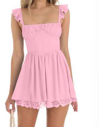 Spring Summer Women Clothing Solid Color Pleated Backless Dress Office by Ragazza