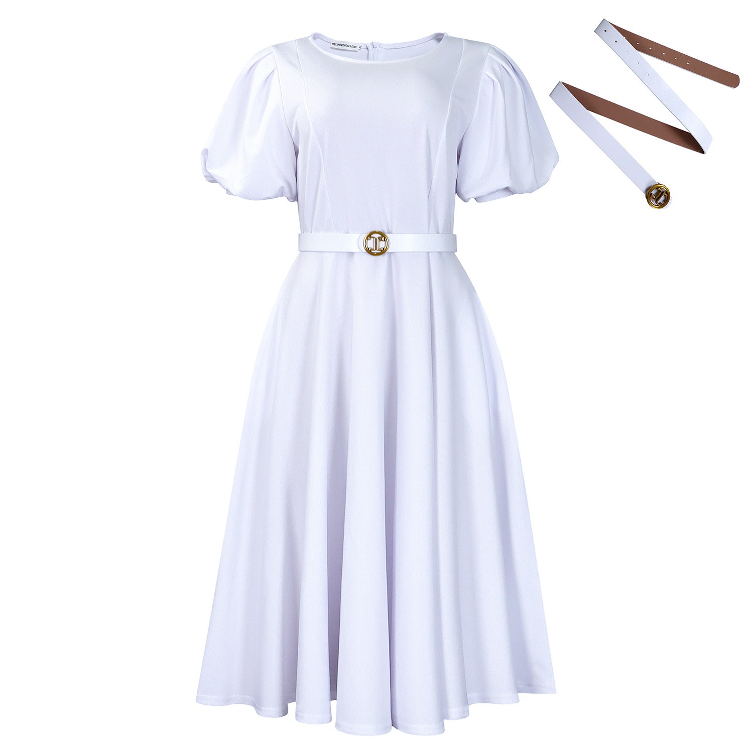 Women Clothing round Neck Puff Sleeve High Waist Dress by Ragazza