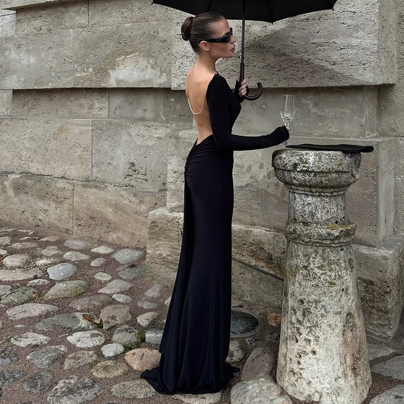 Autumn Winter Women Sexy Backless Chain Decoration Slim Fit Long Sleeved Dress DestGlow