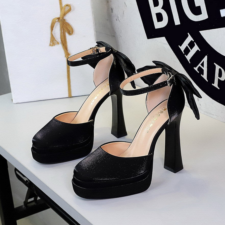 French Hollow Out Cutout Double Layer Waterproof Platform Heightened Ultra High Heel Chunky Heel Back Bow Buckle Sandals DestGlow