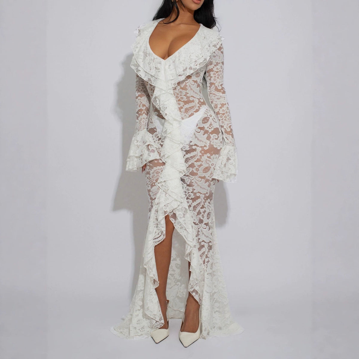 Women Clothing Sexy See through Lace V neck Long Sleeve Lace Dress Gown DestGlow