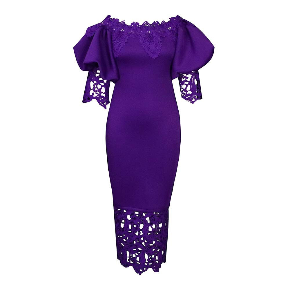 Women Clothes Elegant Lace Stitching Off Neck Dress by Ragazza