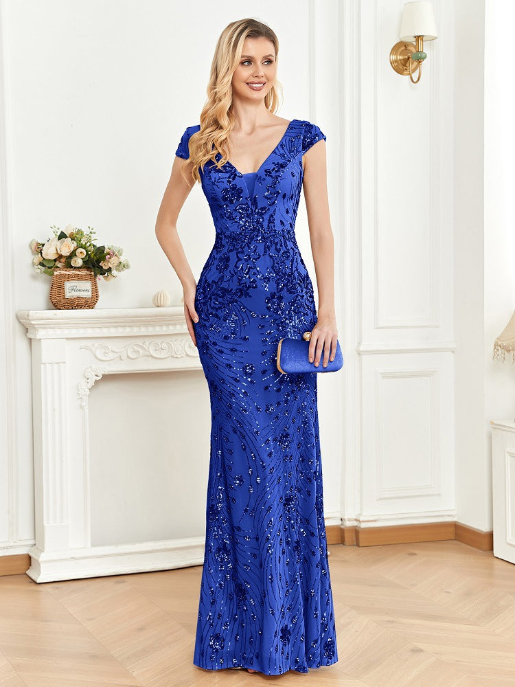 Sequined Champagne Evening Dress Women Cocktail Sexy Slim Fit Fishtail Long Toast Dress by Ragazza