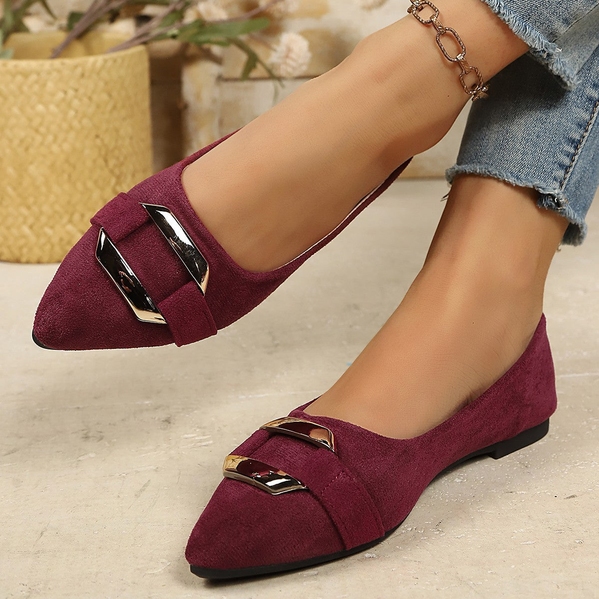 Shallow Mouth Suede Metal Buckle Flat Pumps Women Soft Bottom Office Work Gommino DestGlow
