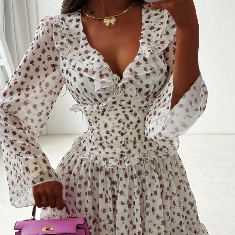Women Digital Printing Elegant Dress V neck Long Sleeve Ruffled High Waist Lace up A line Dress by Ragazza