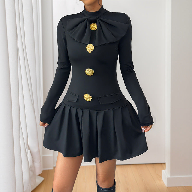 Elegant Sweet Bow Fastener Decoration Half High Collar Long Sleeves Autumn Dress by Ragazza